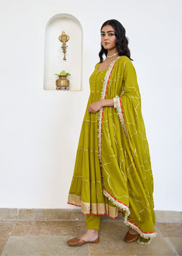 Mehndi-Green-Mulmul-Tier-Anarkali-Set