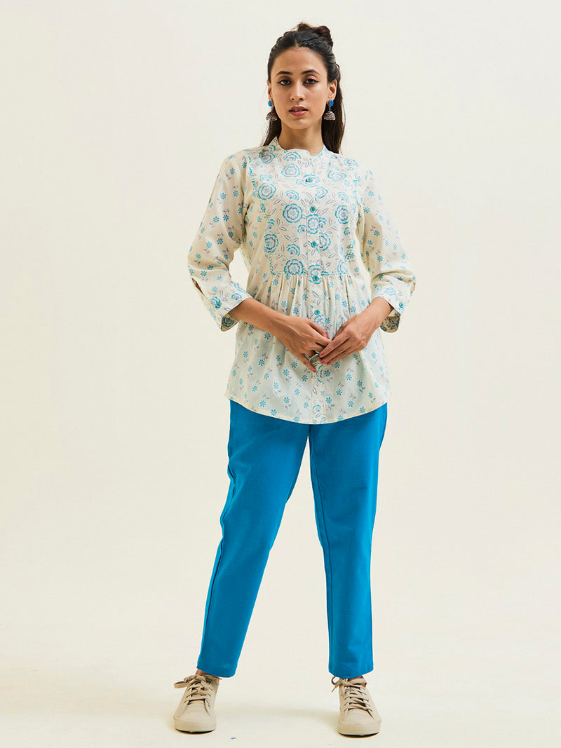 Turquoise-Blue-Cotton-Cambric-Floral-Printed-Gathered-Top