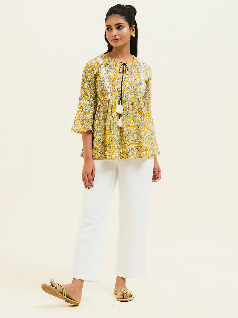 Mustard-Cotton-Cambric-Printed-Gathered-Top