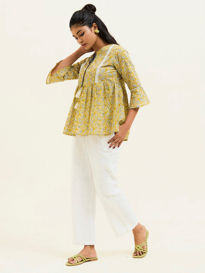 Mustard-Cotton-Cambric-Printed-Gathered-Top