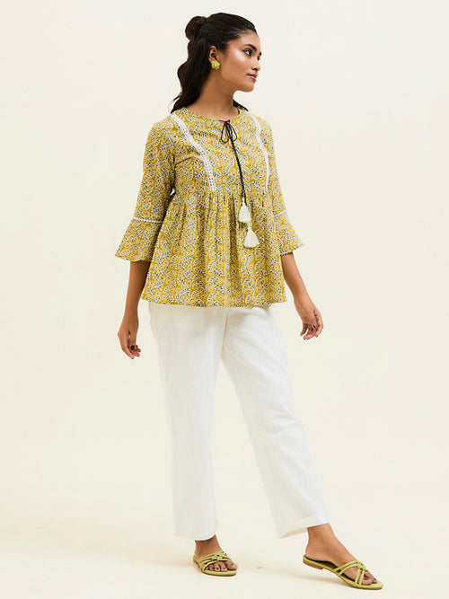 Mustard-Cotton-Cambric-Printed-Gathered-Top