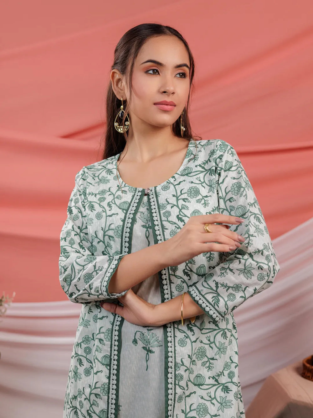 Green-Cotton-Floral-Print-A-Line-Kurta-Sets-With-Jacket