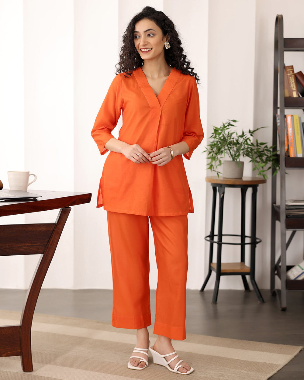 Orange-Chanderi-Silk-V-Neck-Co-Ord-Set