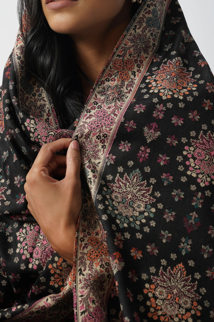 Black & Pink Rich Wool Rajasthani Boota Kani Stole