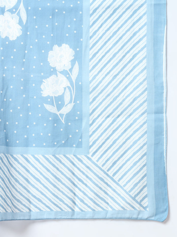 Blue Cotton Floral Print Embroidery Kurta Set