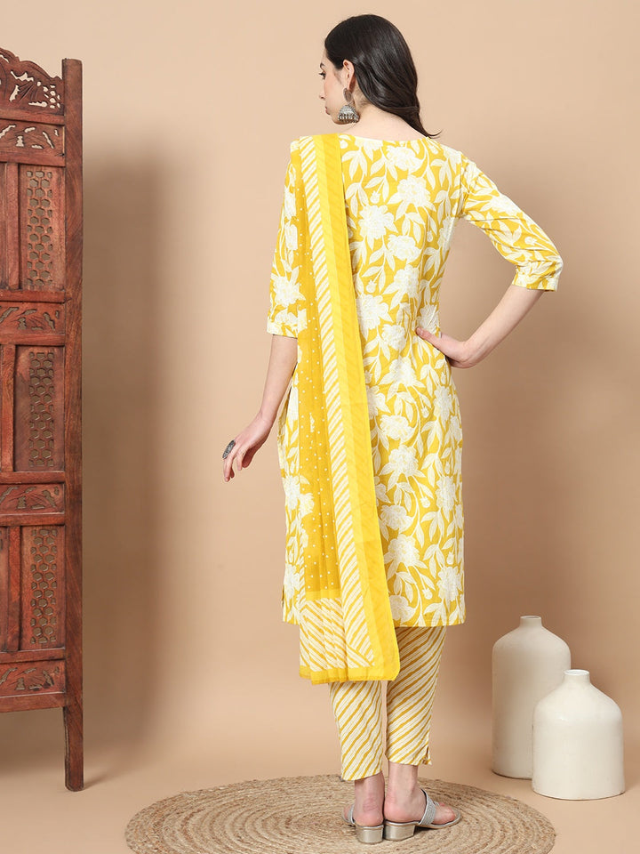 Yellow Cotton Floral Print Embroidery Kurta Set