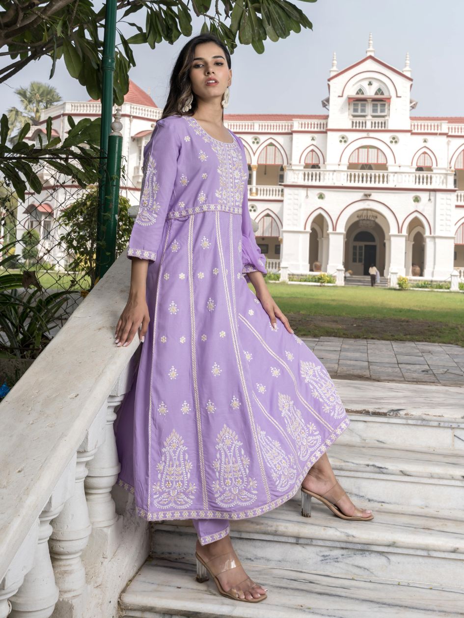 Purple-Viscose-Rayon-Chikankari-Embroidered-3-Piece-Kurta-Set