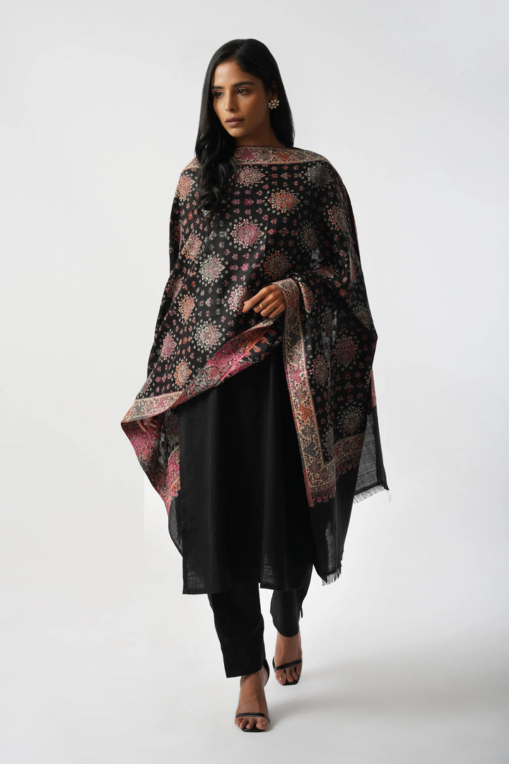 Black & Pink Rich Wool Rajasthani Boota Kani Stole