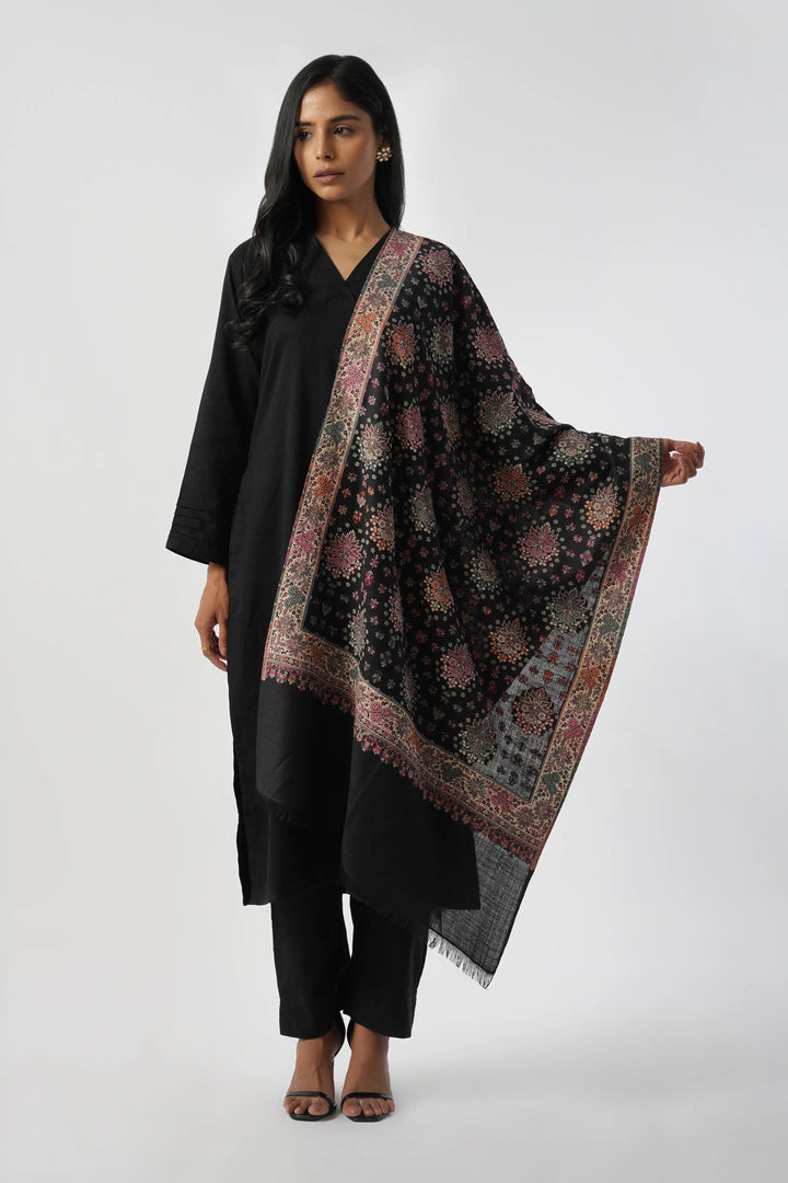 Black & Pink Rich Wool Rajasthani Boota Kani Stole