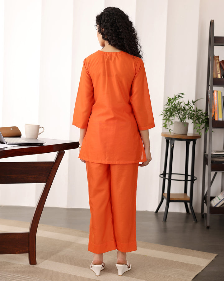 Orange-Chanderi-Silk-V-Neck-Co-Ord-Set