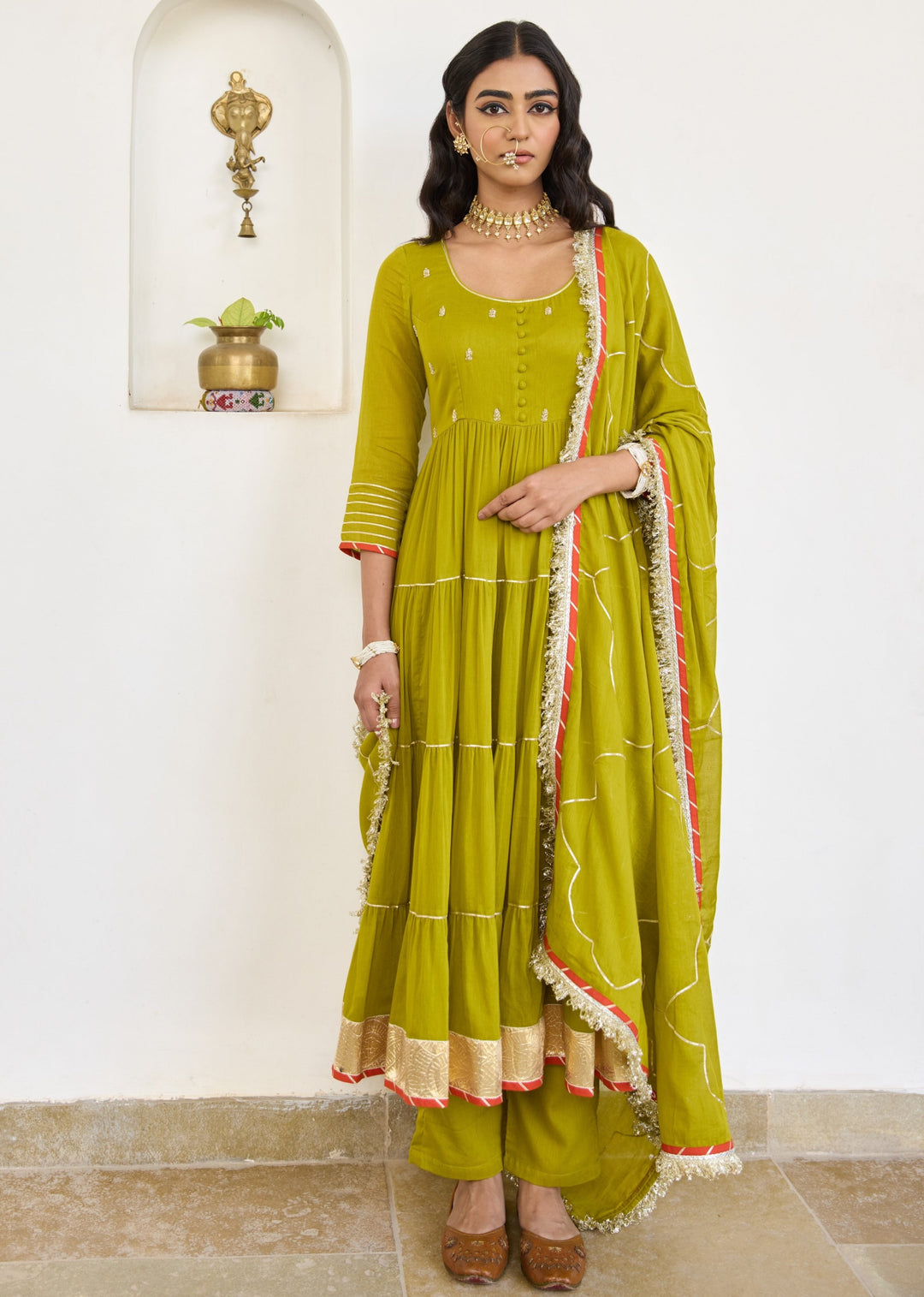 Mehndi-Green-Mulmul-Tier-Anarkali-Set