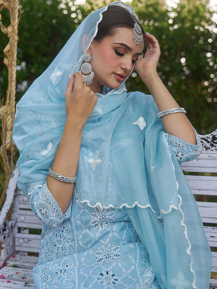 Blue-Cotton-Schiffli-Embroidered-3-Piece-Kurta-Set