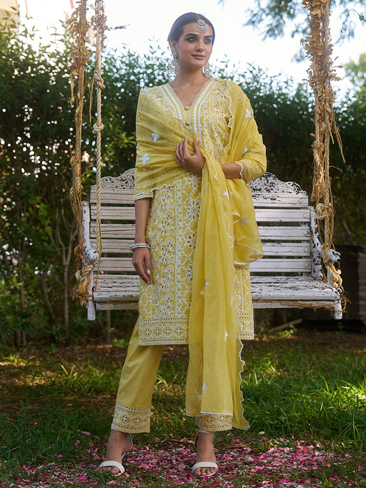Yellow-Cotton-Schiffli-Embroidered-3-Piece-Kurta-Set
