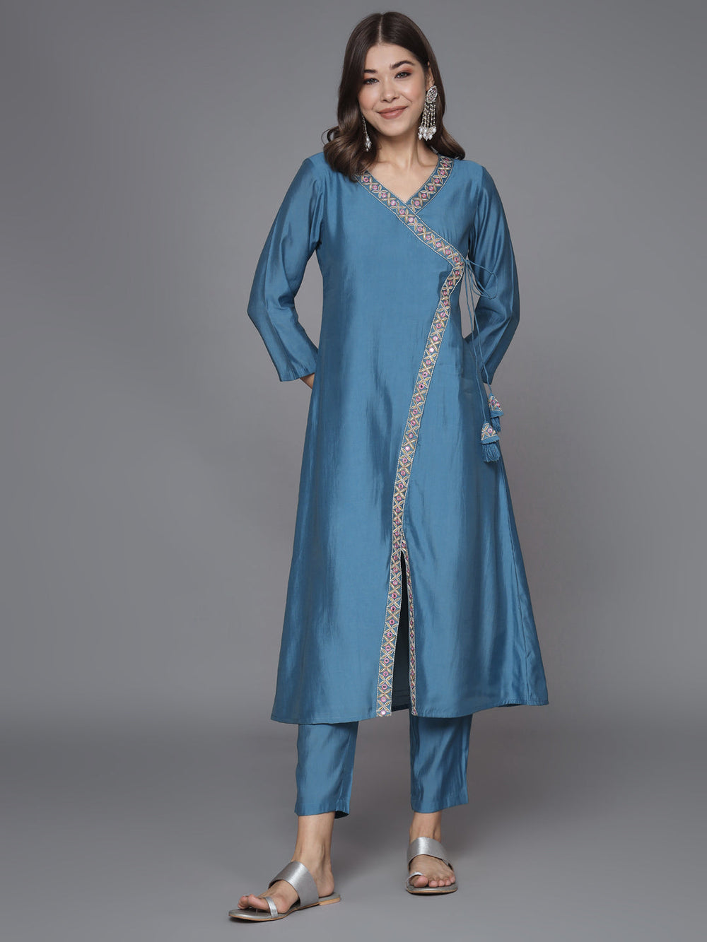 Blue-Silk-Blend-Embroidered-Crossover-Style-2-Piece-Kurta-Set