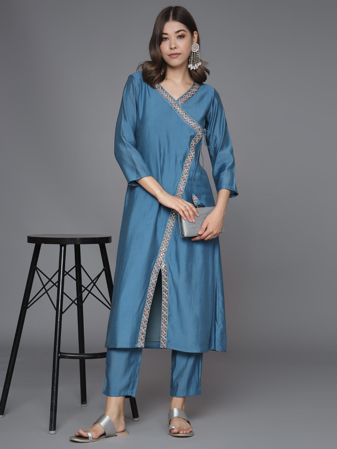 Blue-Silk-Blend-Embroidered-Crossover-Style-2-Piece-Kurta-Set