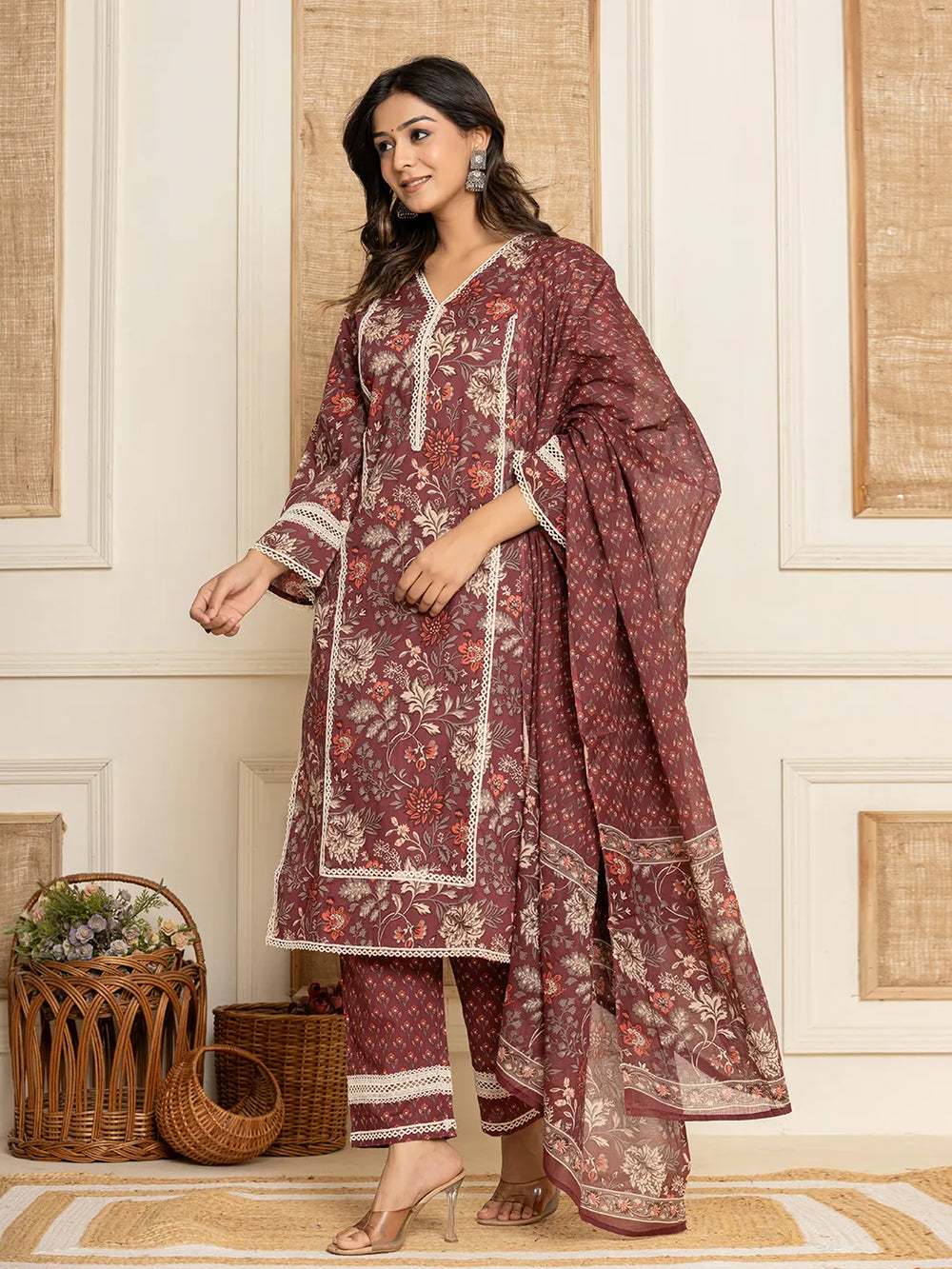 Maroon-Cotton-Floral-Print-Straight-Style-3-Piece-Kurta-Set