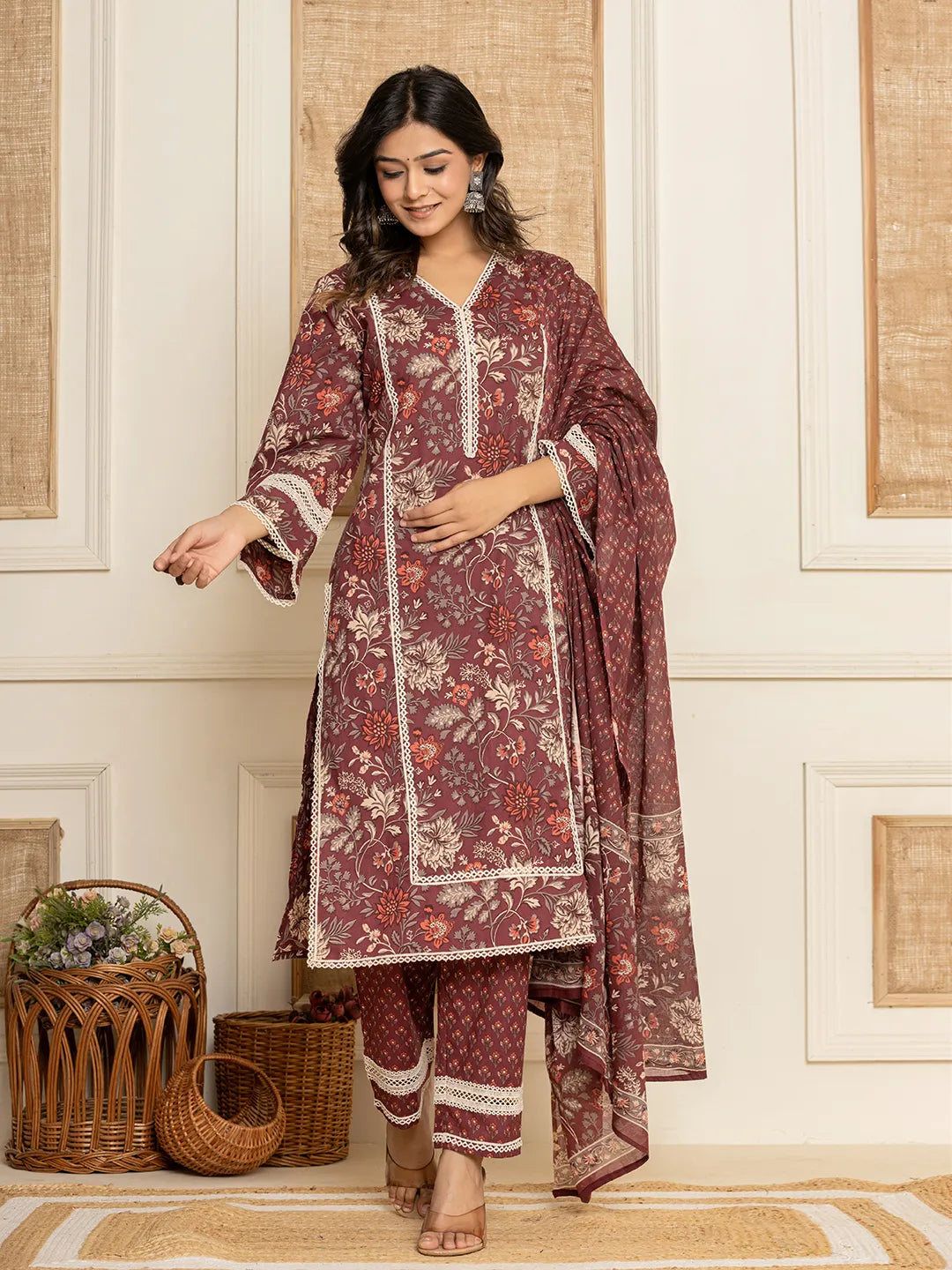 Maroon-Cotton-Floral-Print-Straight-Style-3-Piece-Kurta-Set