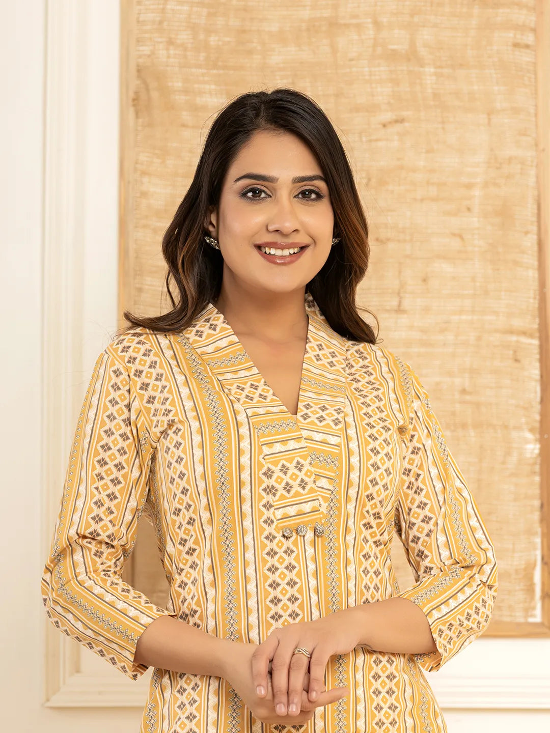 Mustard-Cotton-Ethnic-Motifs-Striped-Print-Co-Ord-Set