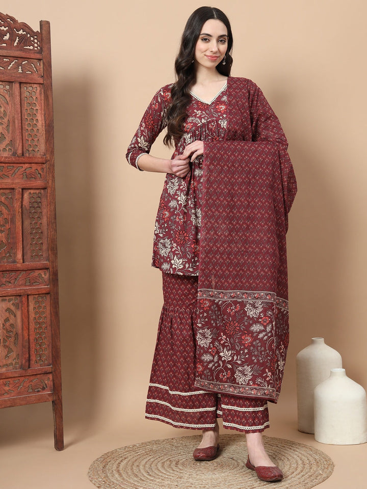 Maroon Floral Print Straight Alia-Cut Kurta Sharara Set