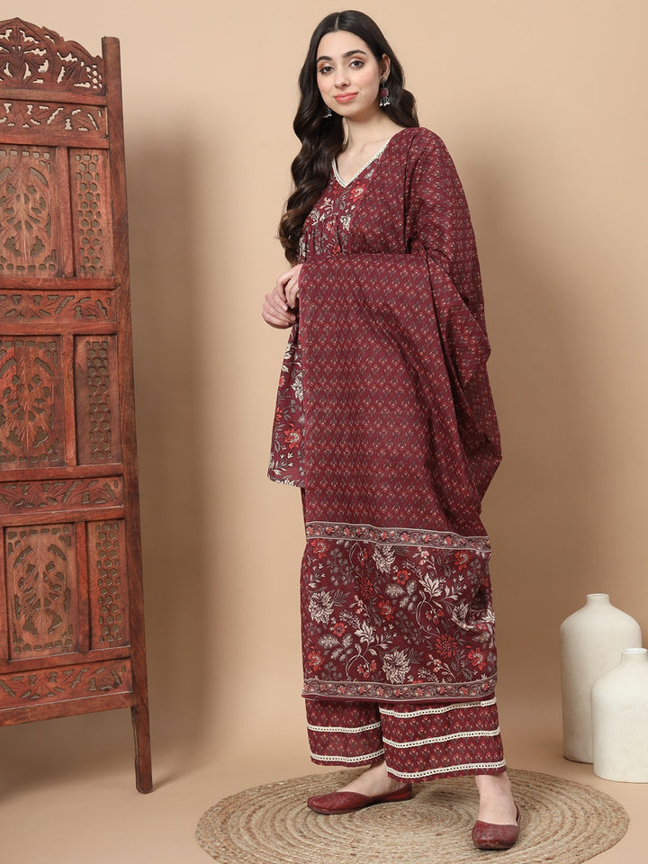 Maroon Floral Print Straight Alia-Cut Kurta Sharara Set