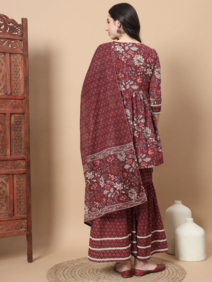 Maroon Floral Print Straight Alia-Cut Kurta Sharara Set