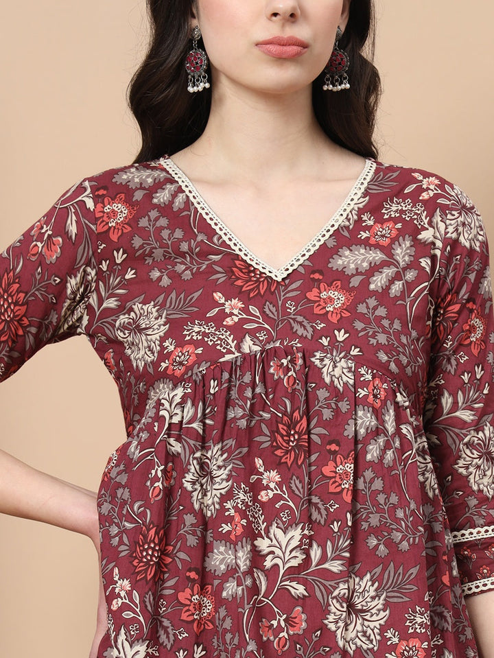 Maroon Floral Print Straight Alia-Cut Kurta Sharara Set