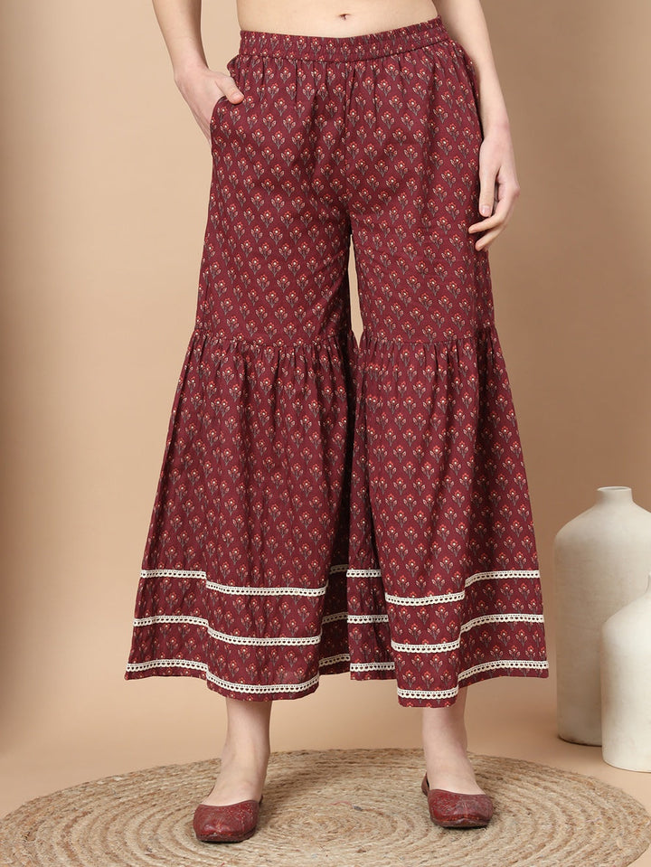 Maroon Floral Print Straight Alia-Cut Kurta Sharara Set