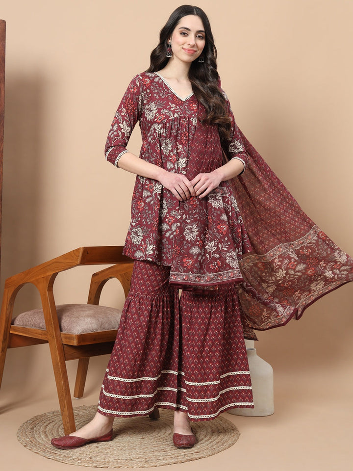 Maroon Floral Print Straight Alia-Cut Kurta Sharara Set