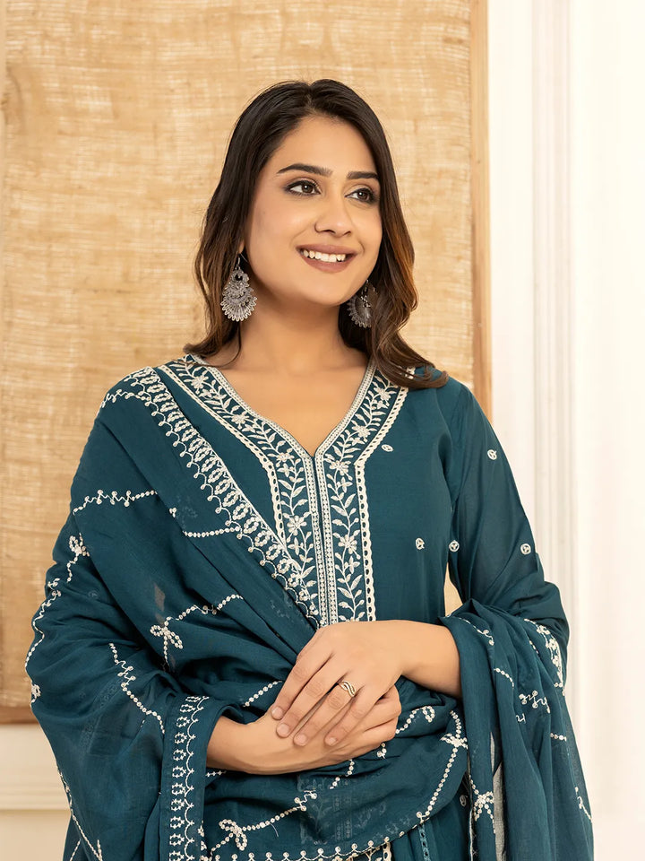 Teal-Blue-Cotton-Embroidered-3-Piece-Kurta-Set