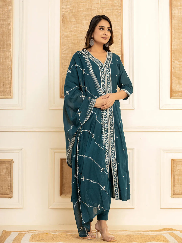 Teal-Blue-Cotton-Embroidered-3-Piece-Kurta-Set