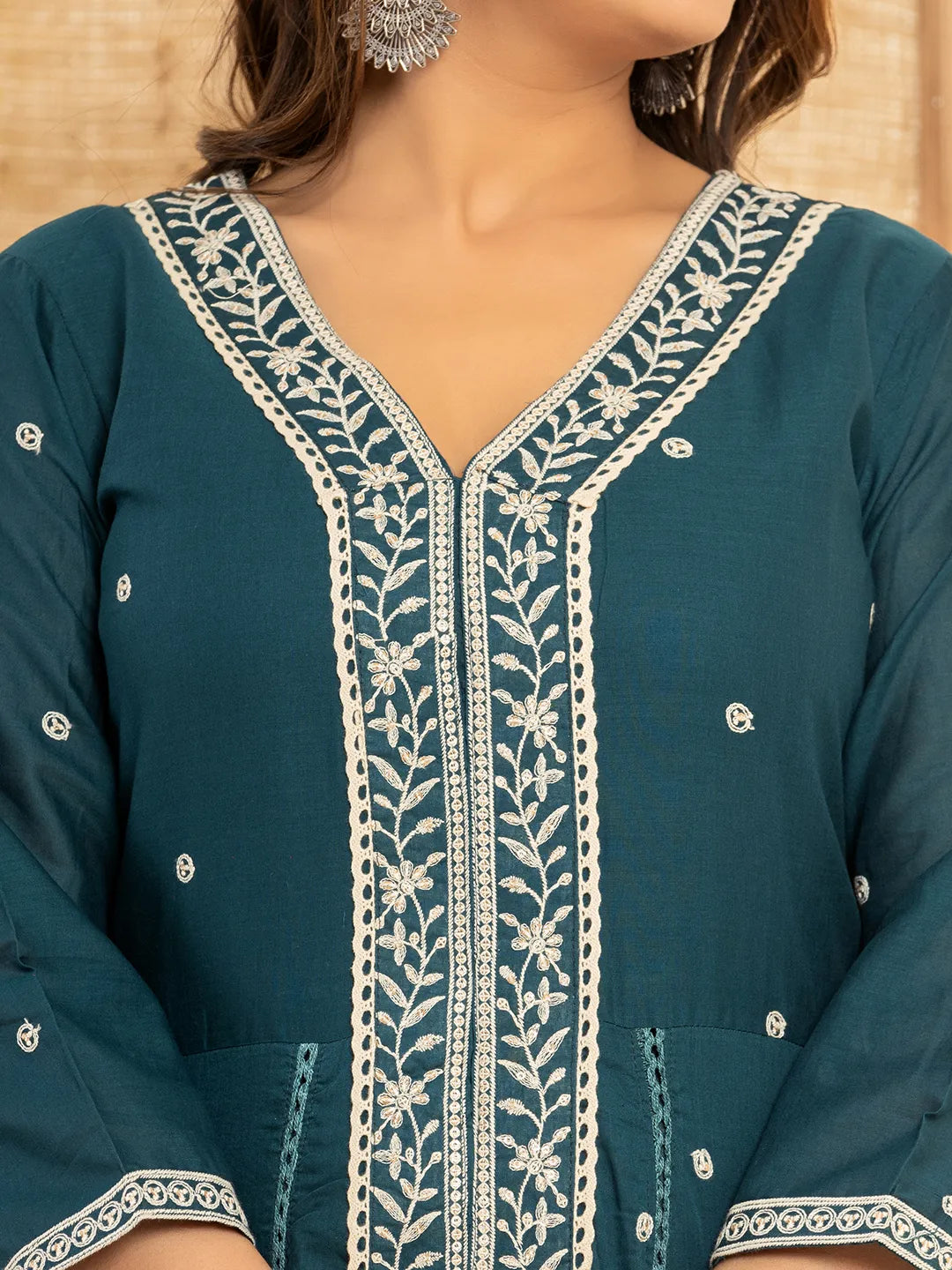 Teal-Blue-Cotton-Embroidered-3-Piece-Kurta-Set