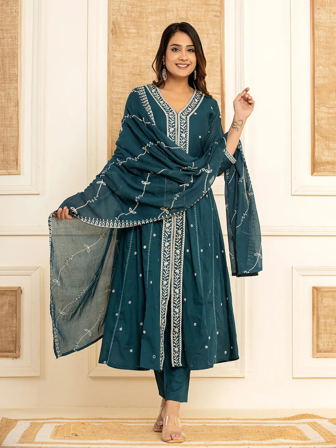 Teal-Blue-Cotton-Embroidered-3-Piece-Kurta-Set