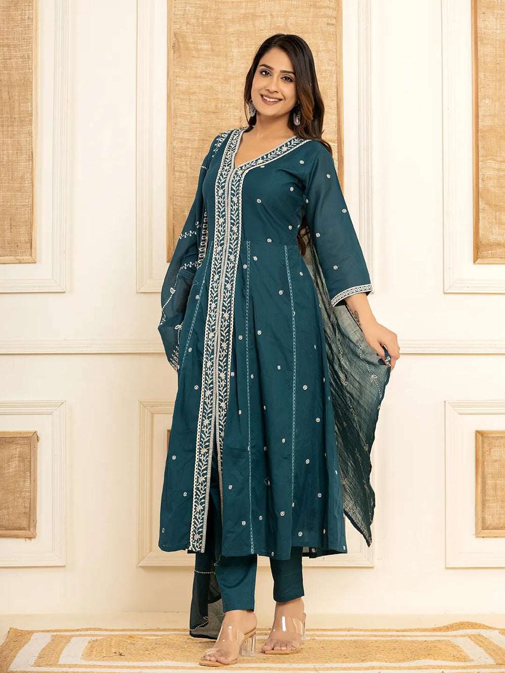 Teal-Blue-Cotton-Embroidered-3-Piece-Kurta-Set