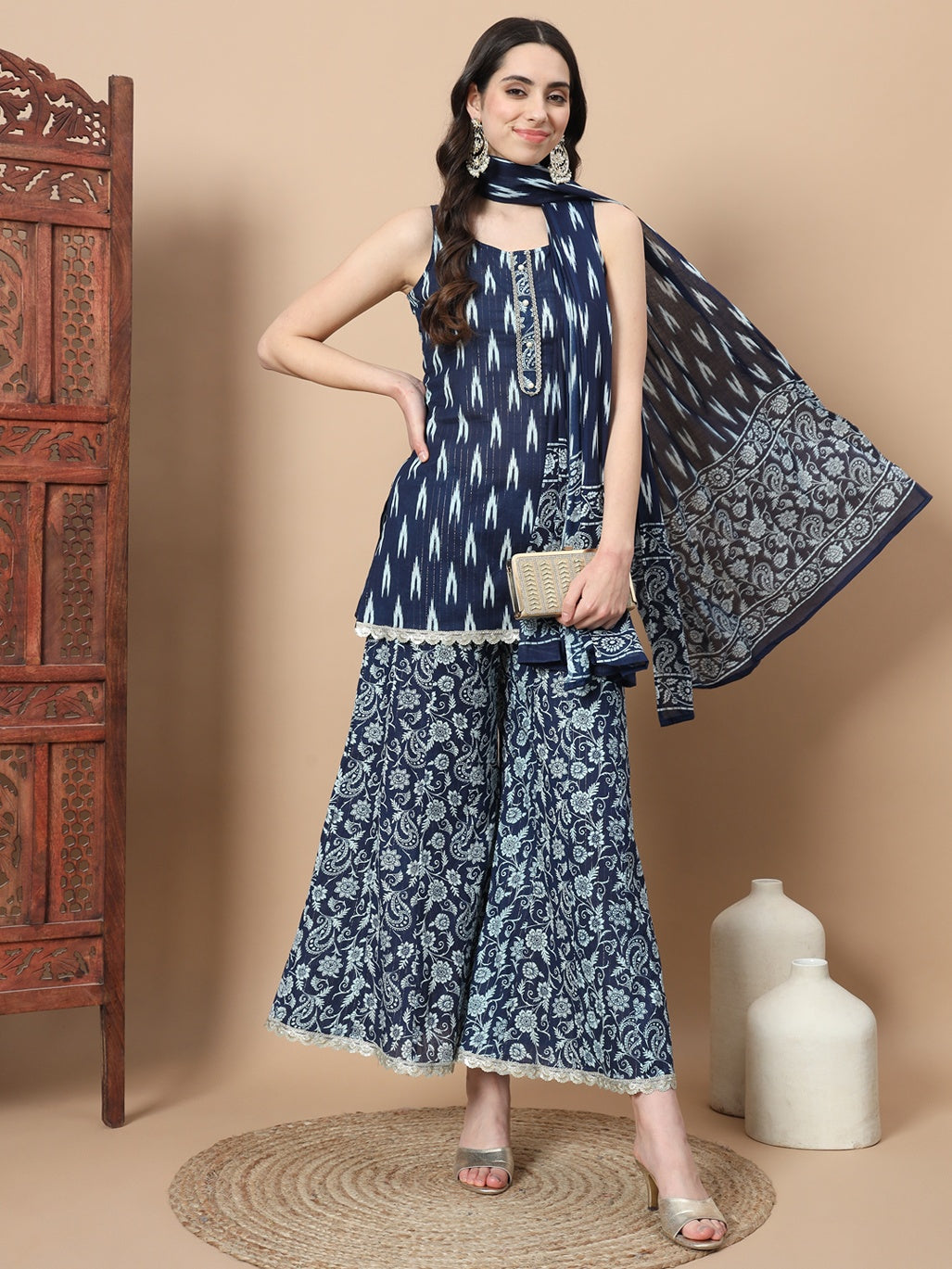 Blue Cotton Sleeveless Ikat Print Kurta Dupatta Set