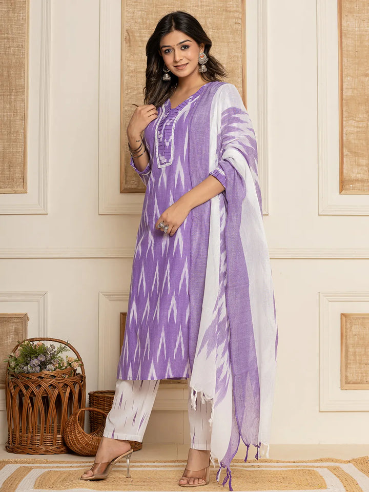 Purple-Cotton-Ikat-Print-Straight-Strappy-3-Piece-Kurta-Set