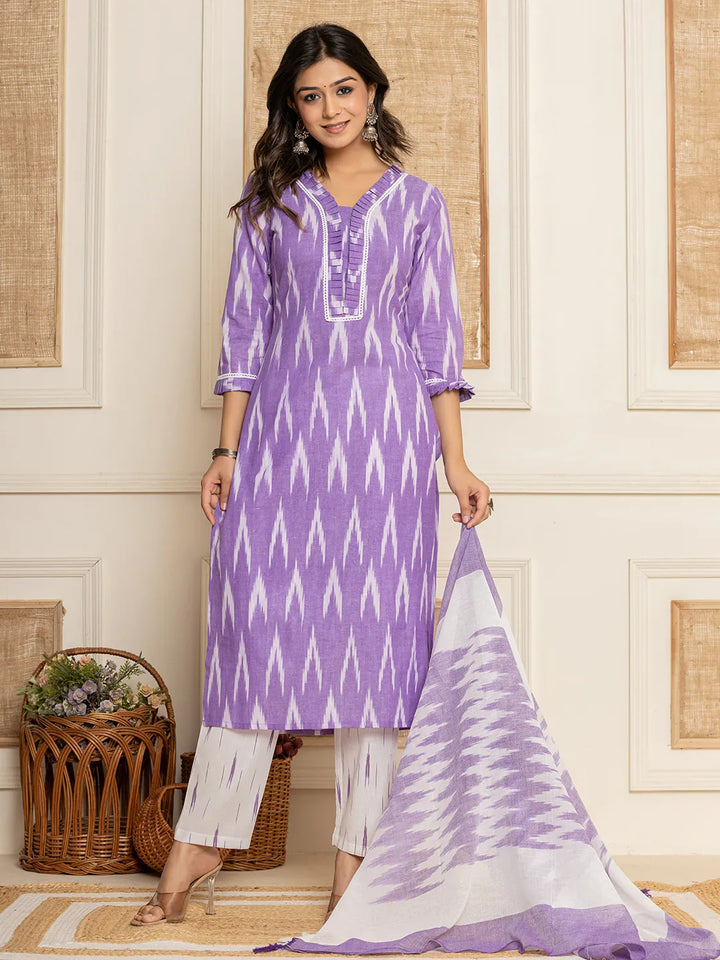 Purple-Cotton-Ikat-Print-Straight-Strappy-3-Piece-Kurta-Set