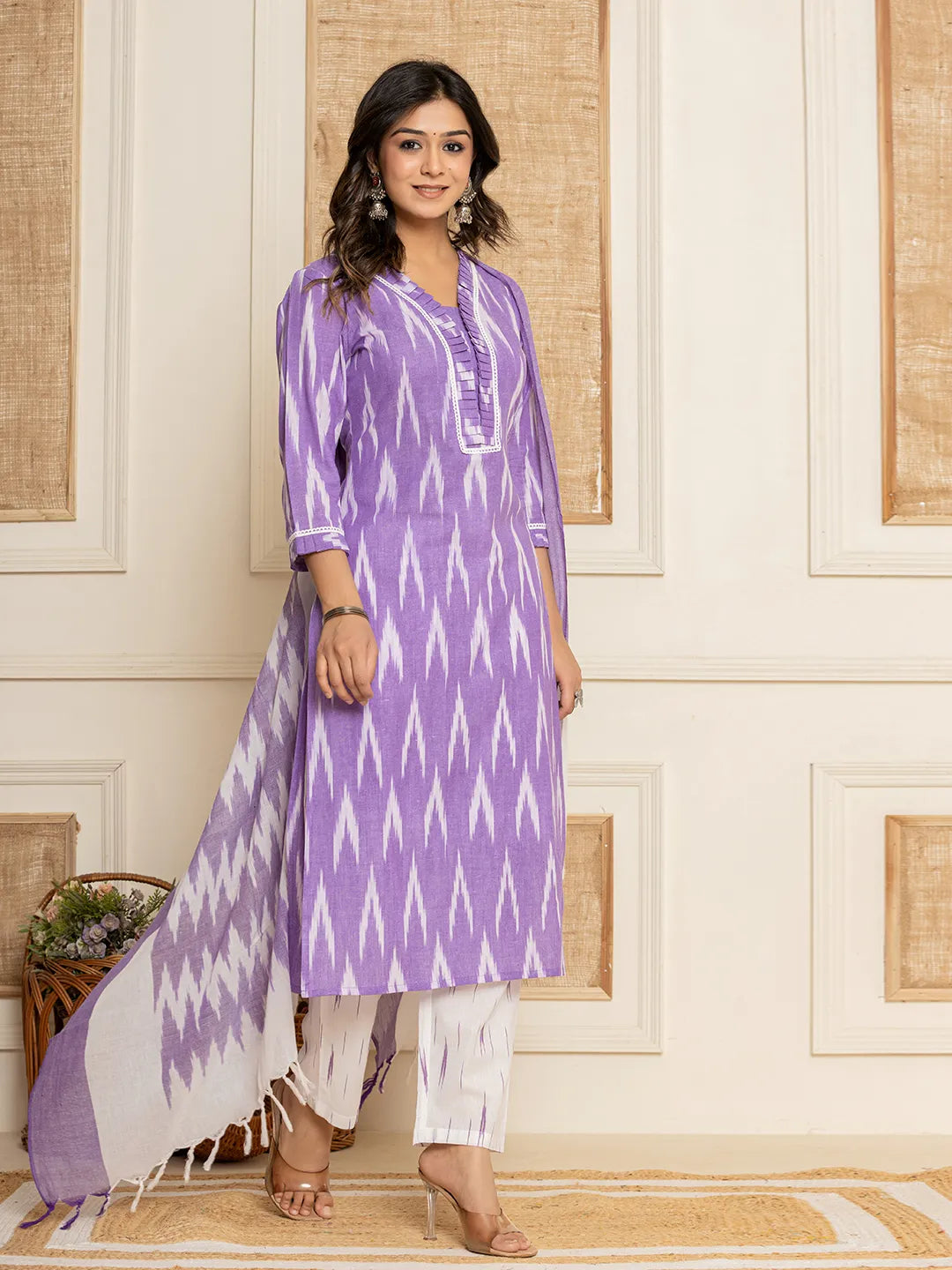 Purple-Cotton-Ikat-Print-Straight-Strappy-3-Piece-Kurta-Set