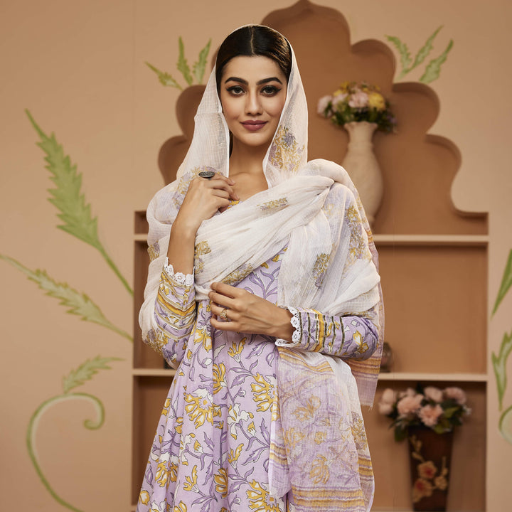 Purple-Cotton-Handblock-Printed-3-Piece-Anarkali-Set