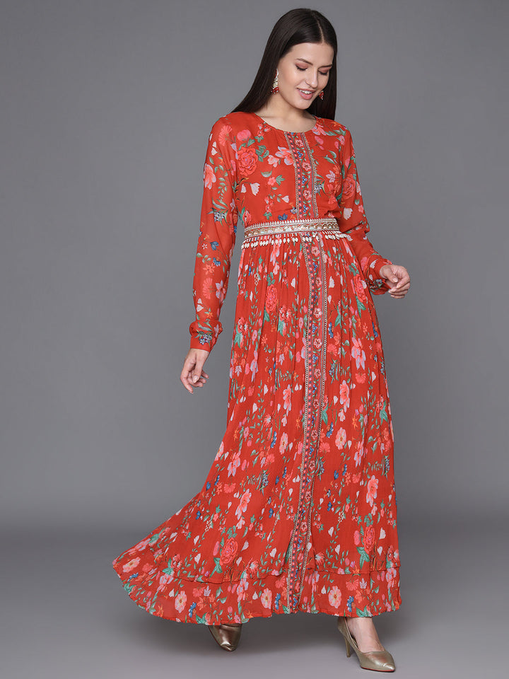 Red-Georgette-Printed-3-Piece-Kurta-Set-With-Belt
