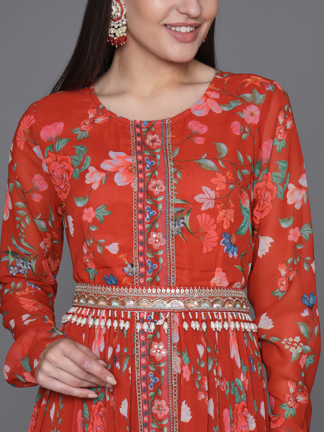 Red-Georgette-Printed-3-Piece-Kurta-Set-With-Belt