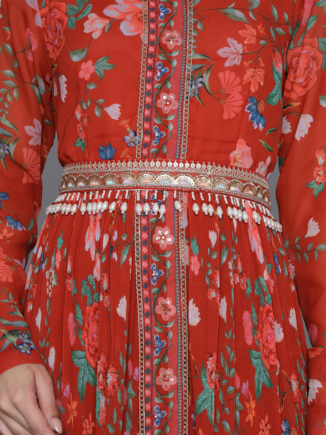 Red-Georgette-Printed-3-Piece-Kurta-Set-With-Belt