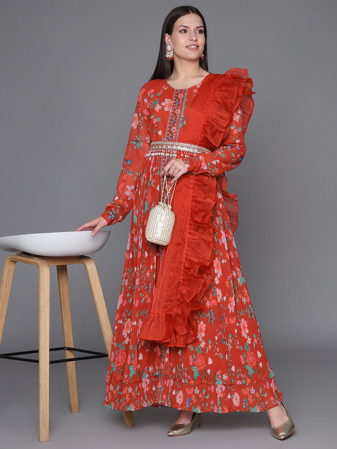 Red-Georgette-Printed-3-Piece-Kurta-Set-With-Belt