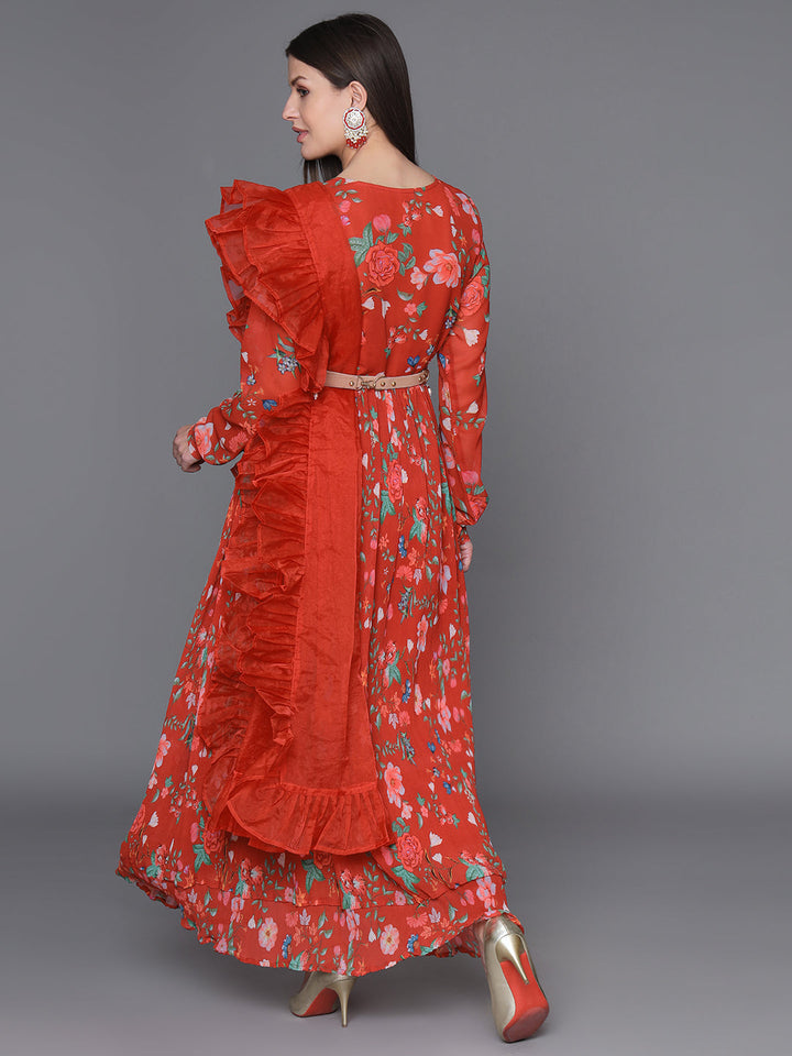 Red-Georgette-Printed-3-Piece-Kurta-Set-With-Belt