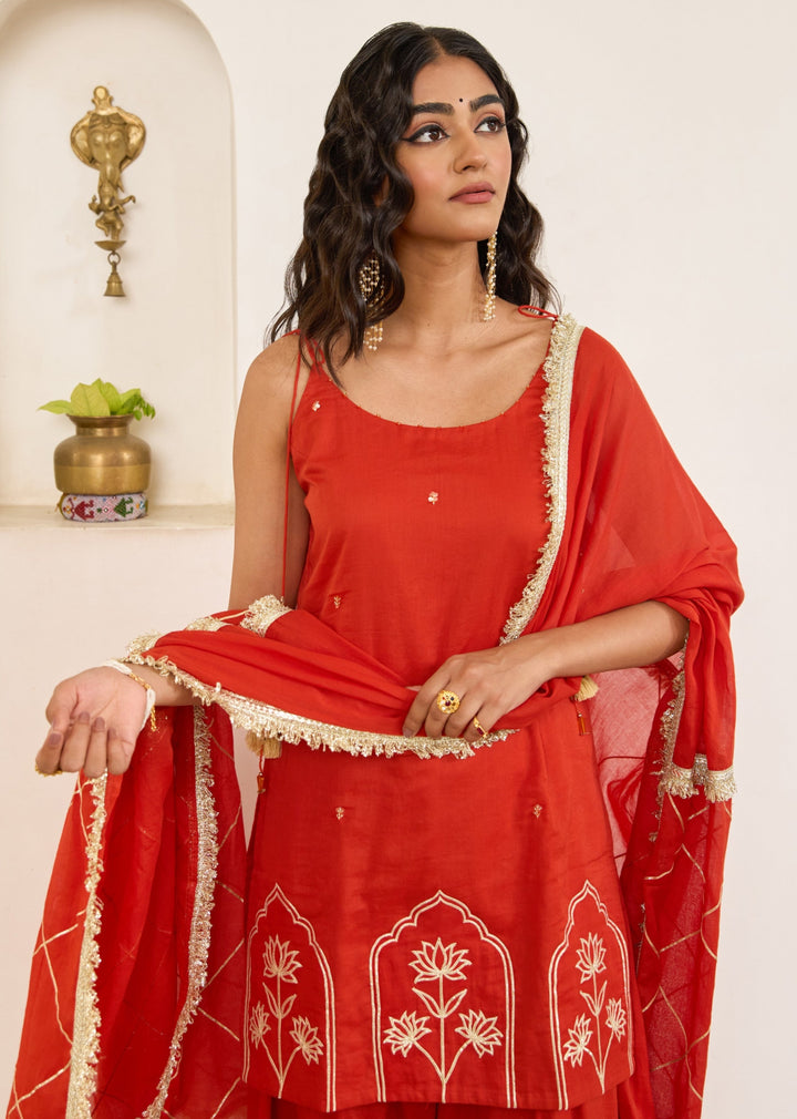 Orange Strappy Kurta with Farshi Shalwar