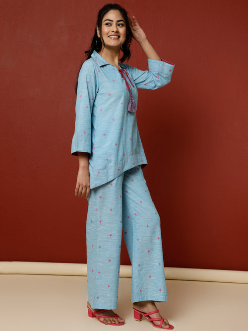 Sky-Blue-Cotton-Yarn-Dyed-Loungewear-Set