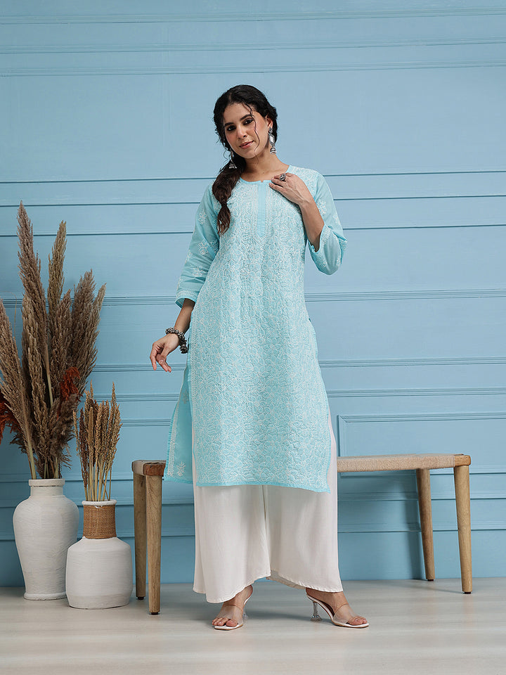 Hand Embroidered Blue Chikankari Kurta