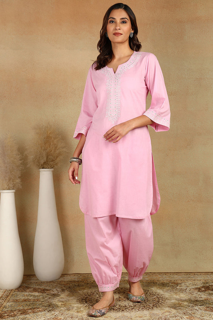 Pink-Cotton-Embroidered-Short-Kurta