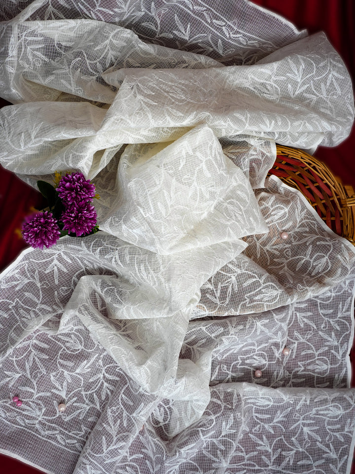 White Cotton Blend Embroidered Chikankari Kota Dupatta