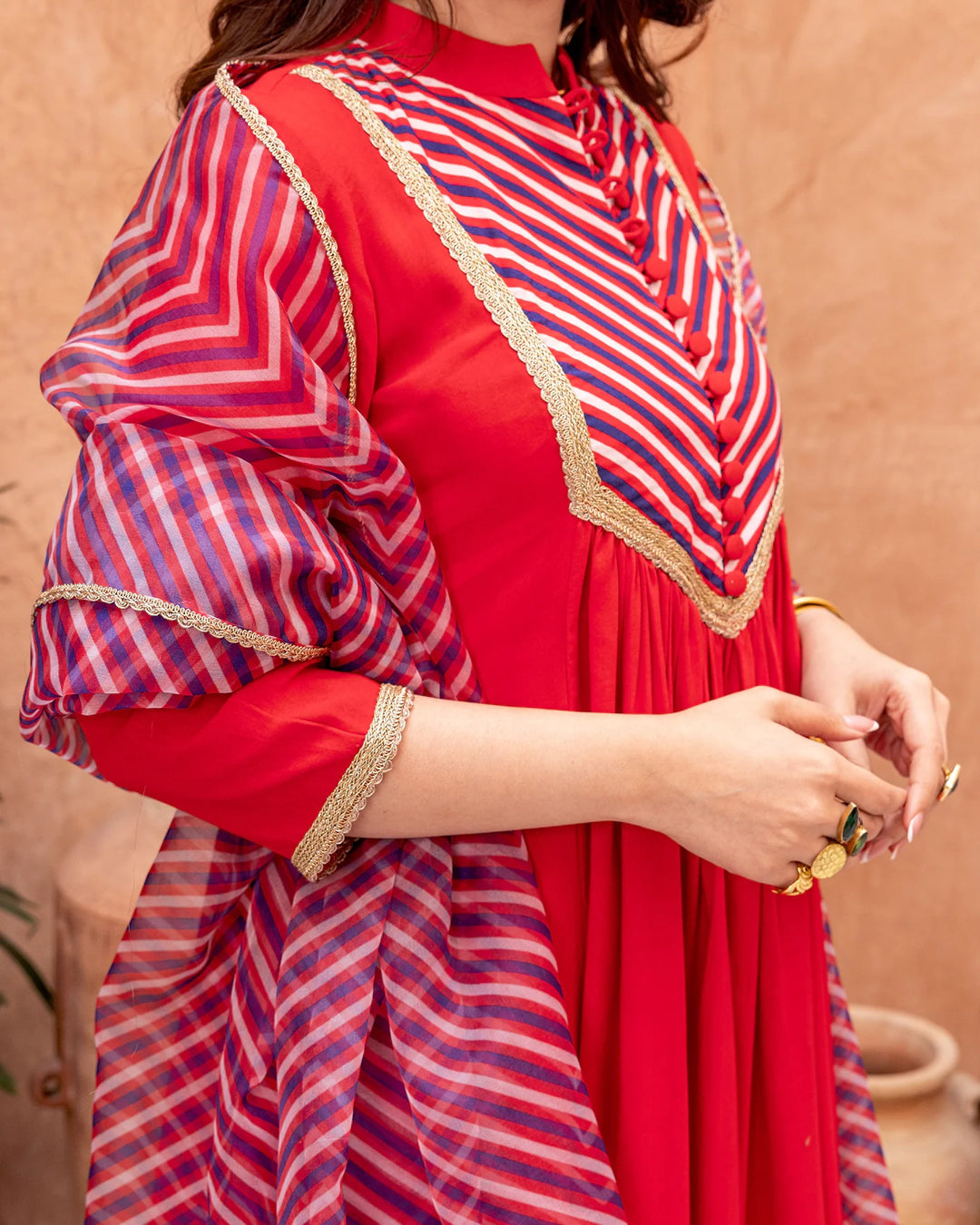 Red-Rayon-Stripe-Print-&-Gota-Gathered-3-Piece-Kurta-Set