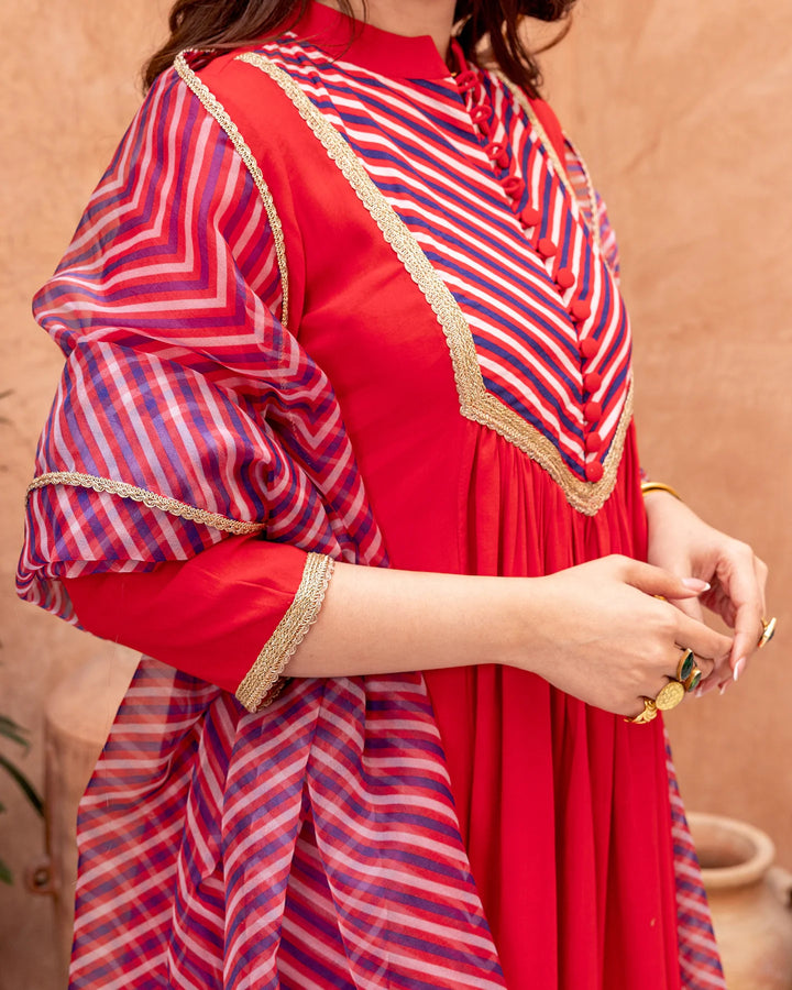 Red-Rayon-Stripe-Print-&-Gota-Gathered-3-Piece-Kurta-Set